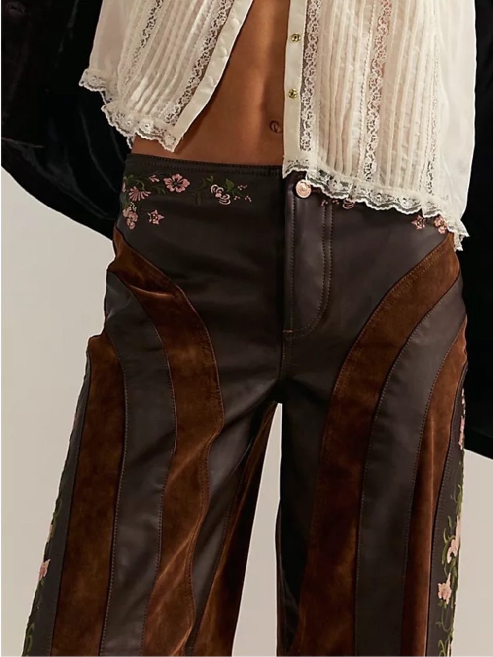 Free People We The Free Belle Embroidered Vegan Pants Shaved Chocolate Brown NWT